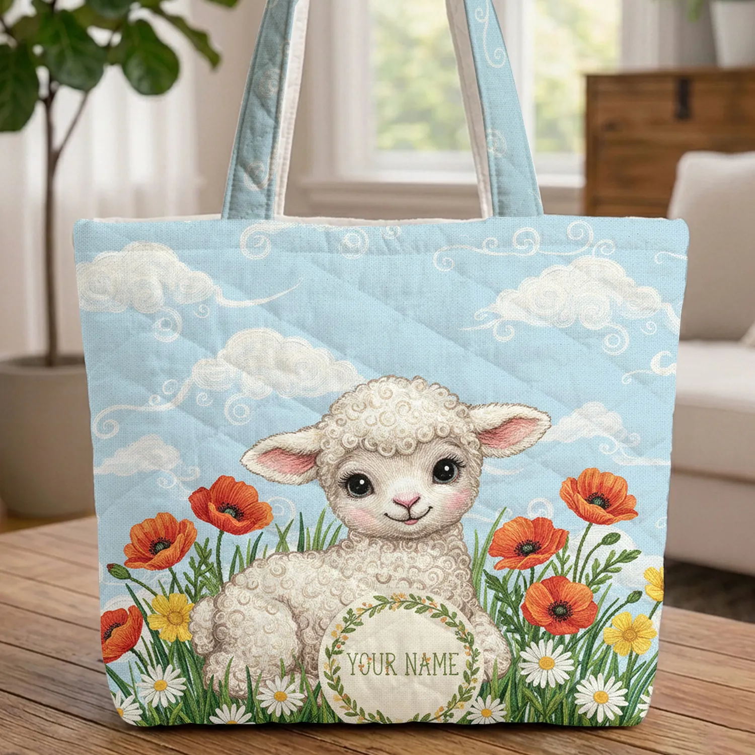 Personalized Baby Lamb Wildflowers Floral Wreath - Everyday Carry Gift Quilted Tote Bag - 1
