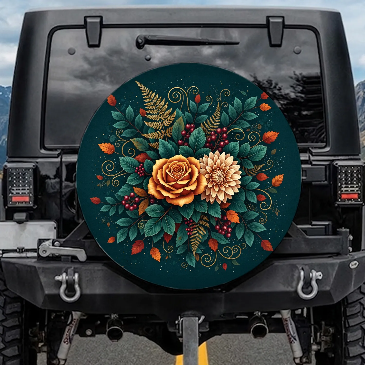 Rose Dahlia Botanical Fern Berries - Nature Lover Gift Spare Tire Cover - 1