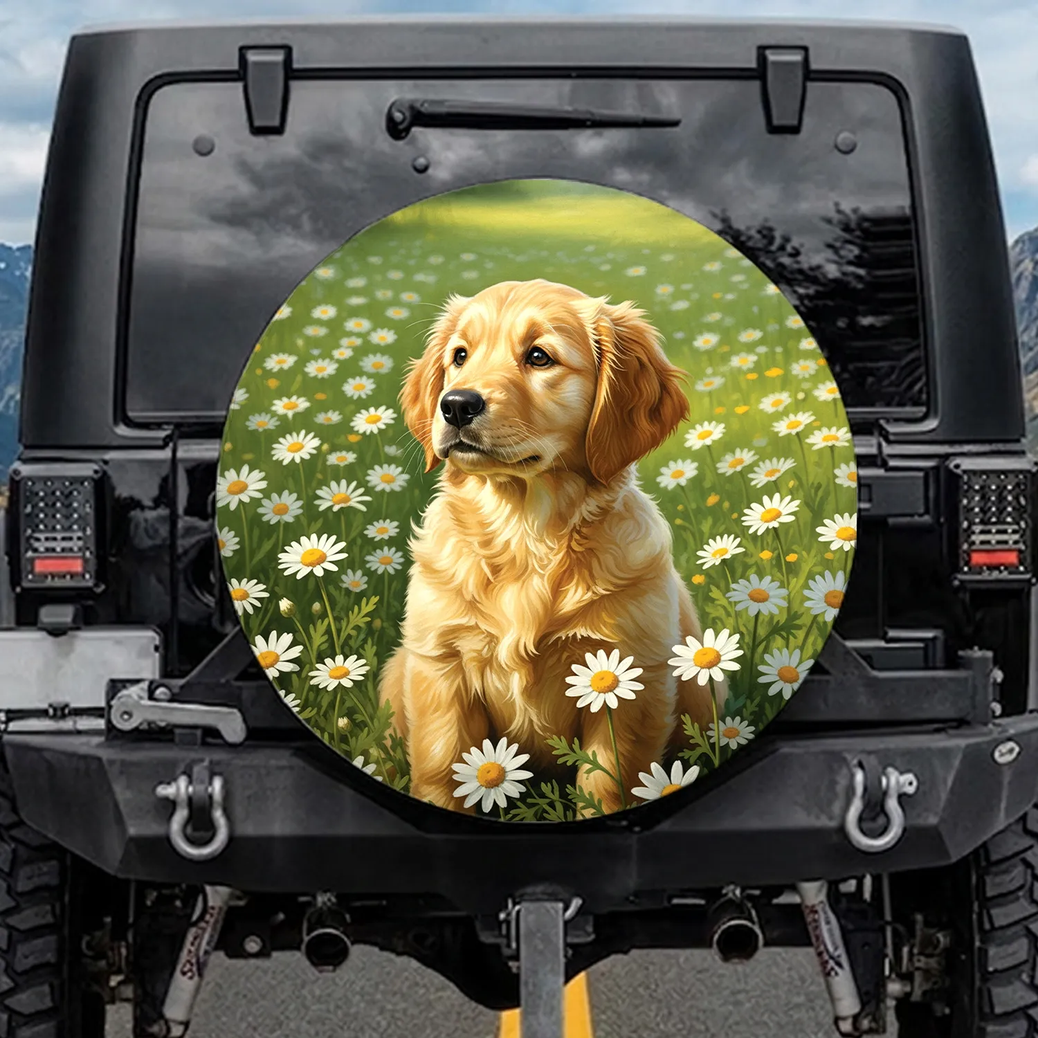 Golden Retriever Puppy Daisies Meadow - Dog Lover Gift Spare Tire Cover - 1