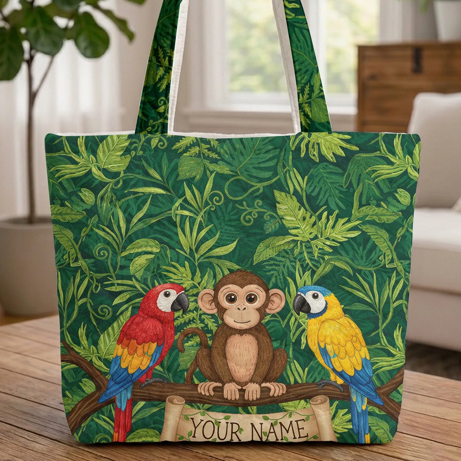 Jungle Monkeys Parrots Name Scroll Lush Foliage - Wildlife Lover Everyday Carry Gift Quilted Tote Bag - 1