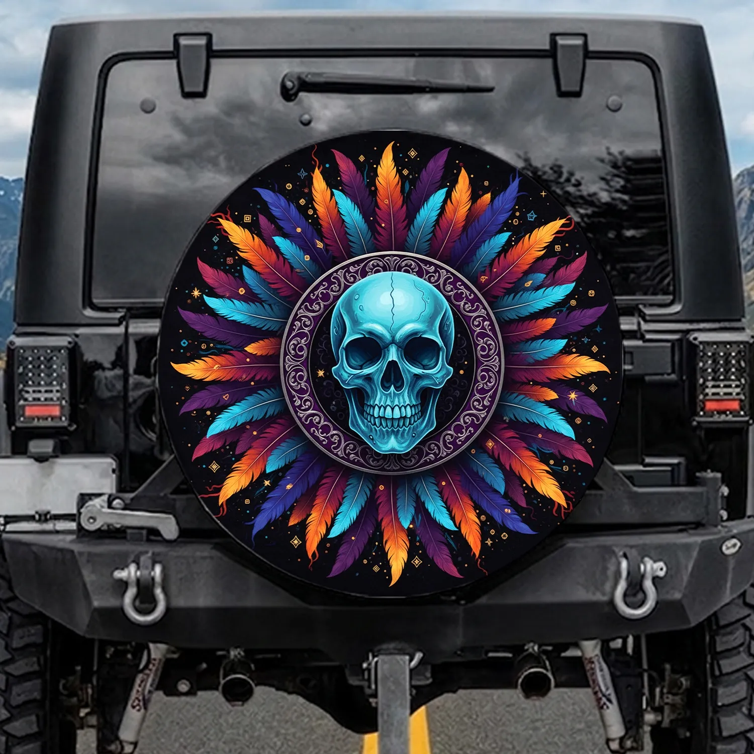 Human Skull Silver Accented Ornate Ring Radiant Feather Sunburst Car Decor Gift Spare Tire Cover - 1