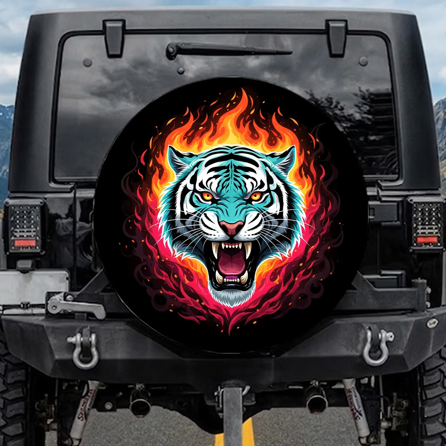 Vibrant Fierce Roaring Tiger Head Flames - Wildlife Lover Gift for Him Spare Tire Cover - 1