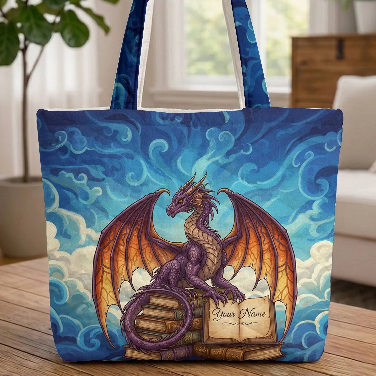 Majestic Purple Dragon Old Books Personalized - Fantasy Lover Everyday Carry Gift Quilted Tote Bag - 1