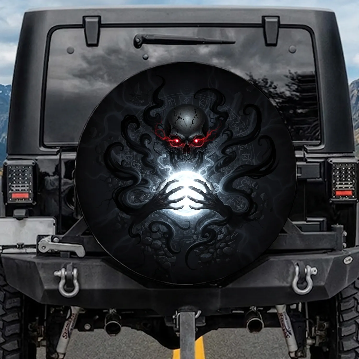 Cracked Skull Glowing Red Eyes Skeletal Hands Energy Orb Dark Smoke Arcane Symbols Ancient Ruins - Fantasy Lover Gift Spare Tire Cover - 1