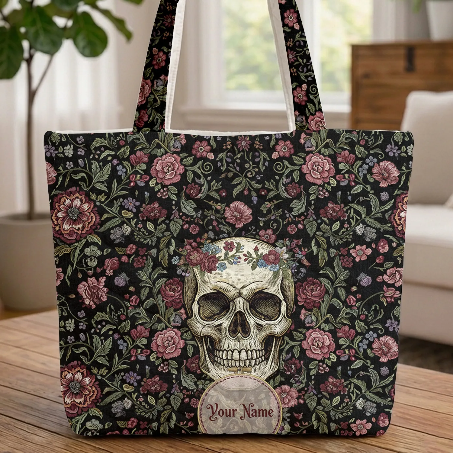 Ornate Gothic Skull Baroque Floral Personalized Name Everyday Carry Gift Quilted Tote Bag - 1