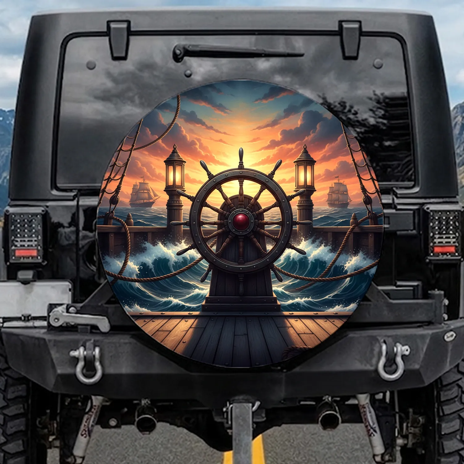 Antique Ship's Helm Tall Ships Oceanic Sunset Vista - Nautical Decor Gift for Sea Lover Spare Tire Cover - 1