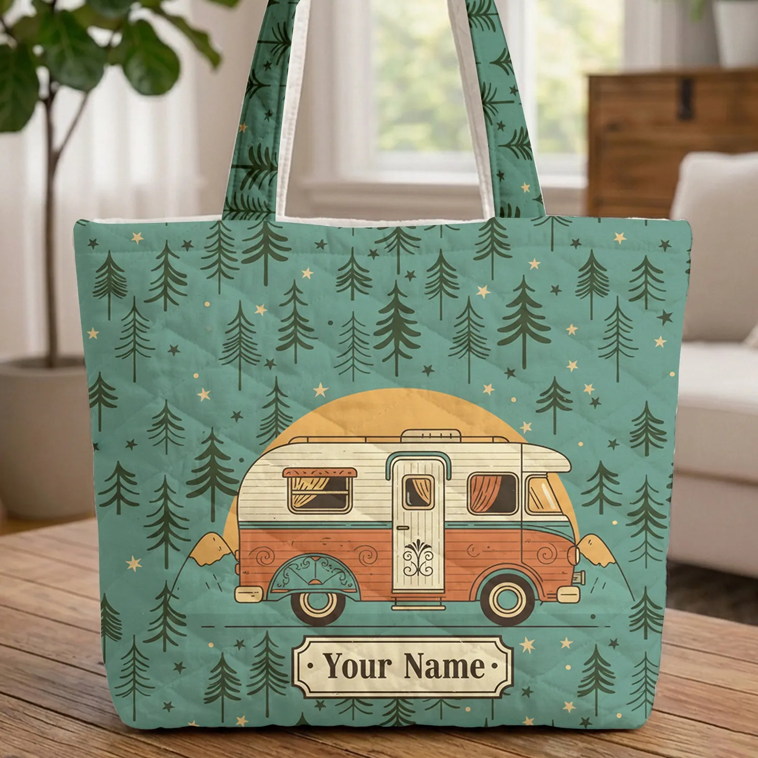 Vintage Camper Van Sunset Mountains Pine Trees Stars - Travel Essentials Camping Lover Gift Quilted Tote Bag - 1