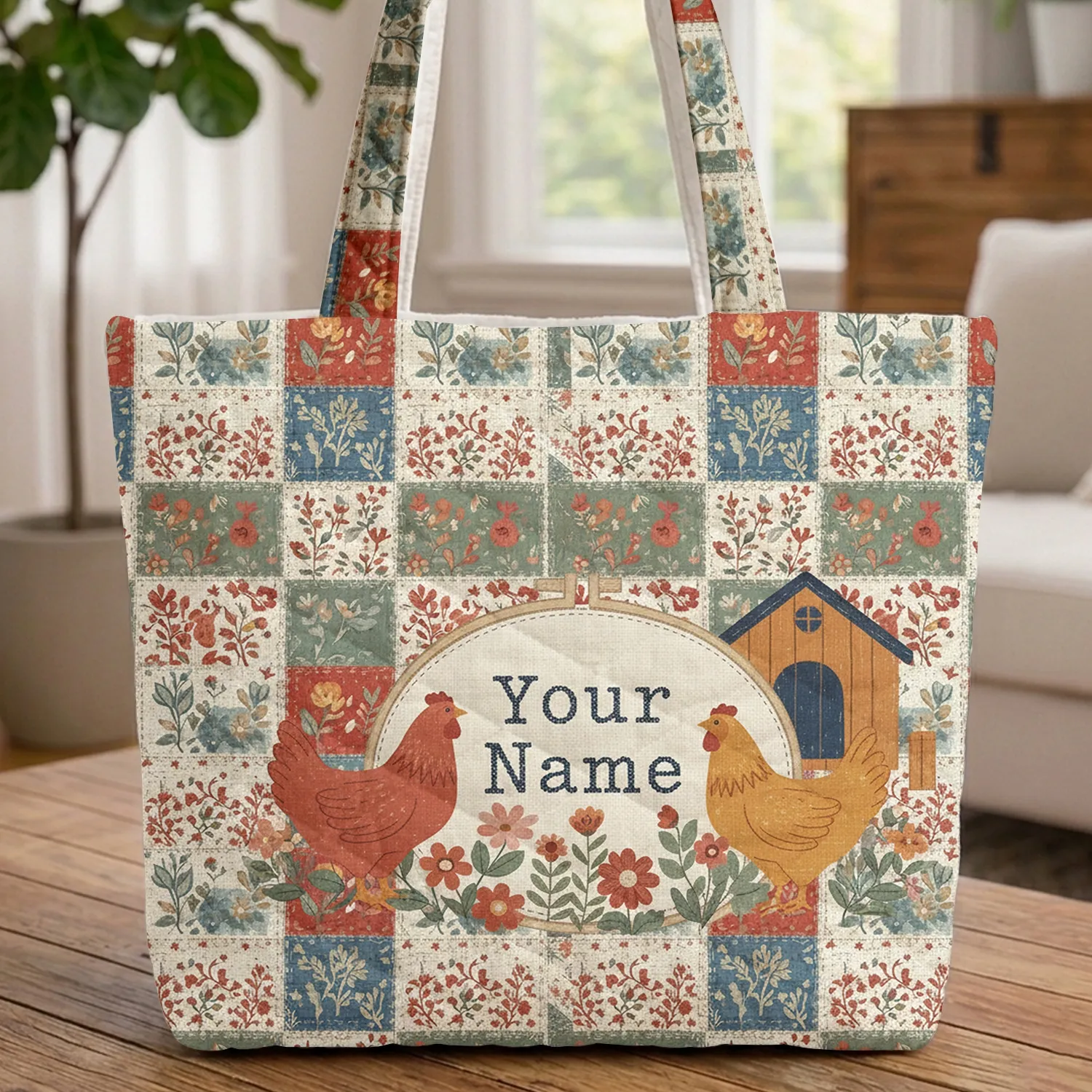 Red Yellow Folk Art Chickens Wildflower Garden Coop - Everyday Carry Gift Quilted Tote Bag - 1