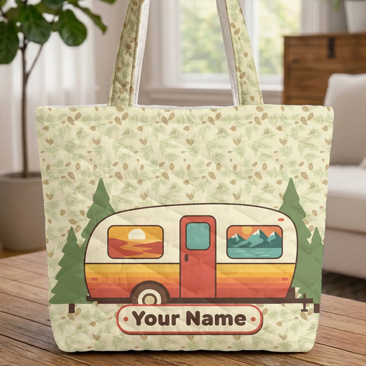 Vintage Travel Trailer Pine Forest - Travel Essentials Everyday Carry Gift for Campers Quilted Tote Bag - 1