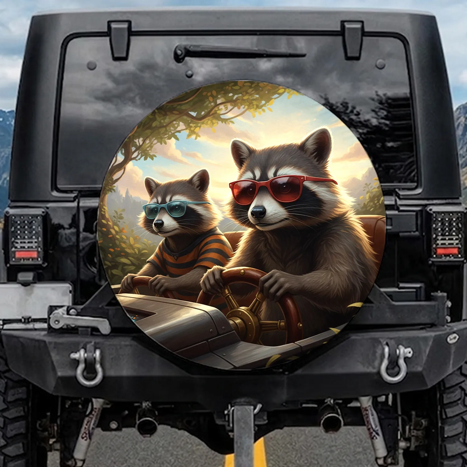 Raccoons Red Blue Sunglasses Steering Wheel - Adventure Lover Road Trip Gift Spare Tire Cover - 1
