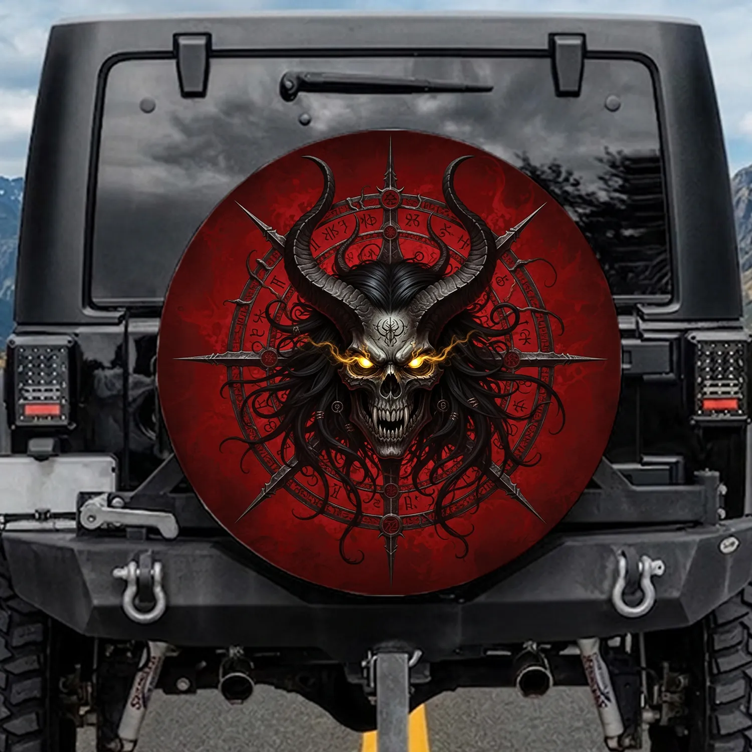 Demonic Skull Face Spiky Horns Chaos Star - Dark Fantasy Lover Gift Spare Tire Cover - 1