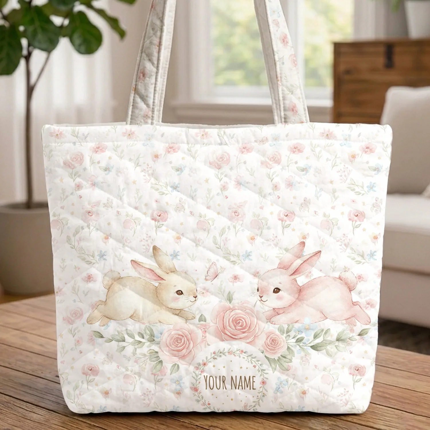 Bunnies Wildflowers Floral Wreath - Everyday Carry Gift for Kids Quilted Tote Bag - 1