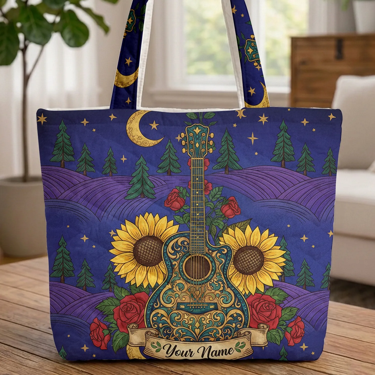 Night Sky Moon Pine Trees Ornate Guitar Sunflowers Roses - Everyday Carry Gift for Music Lover Quilted Tote Bag - 1