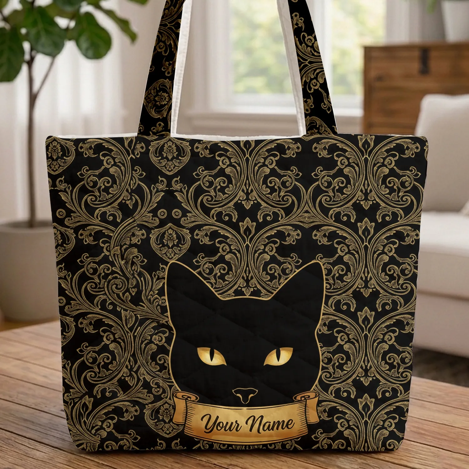 Black Cat Face Gold Swirling Vines Scroll - Everyday Carry Cat Lover Gift Quilted Tote Bag - 1