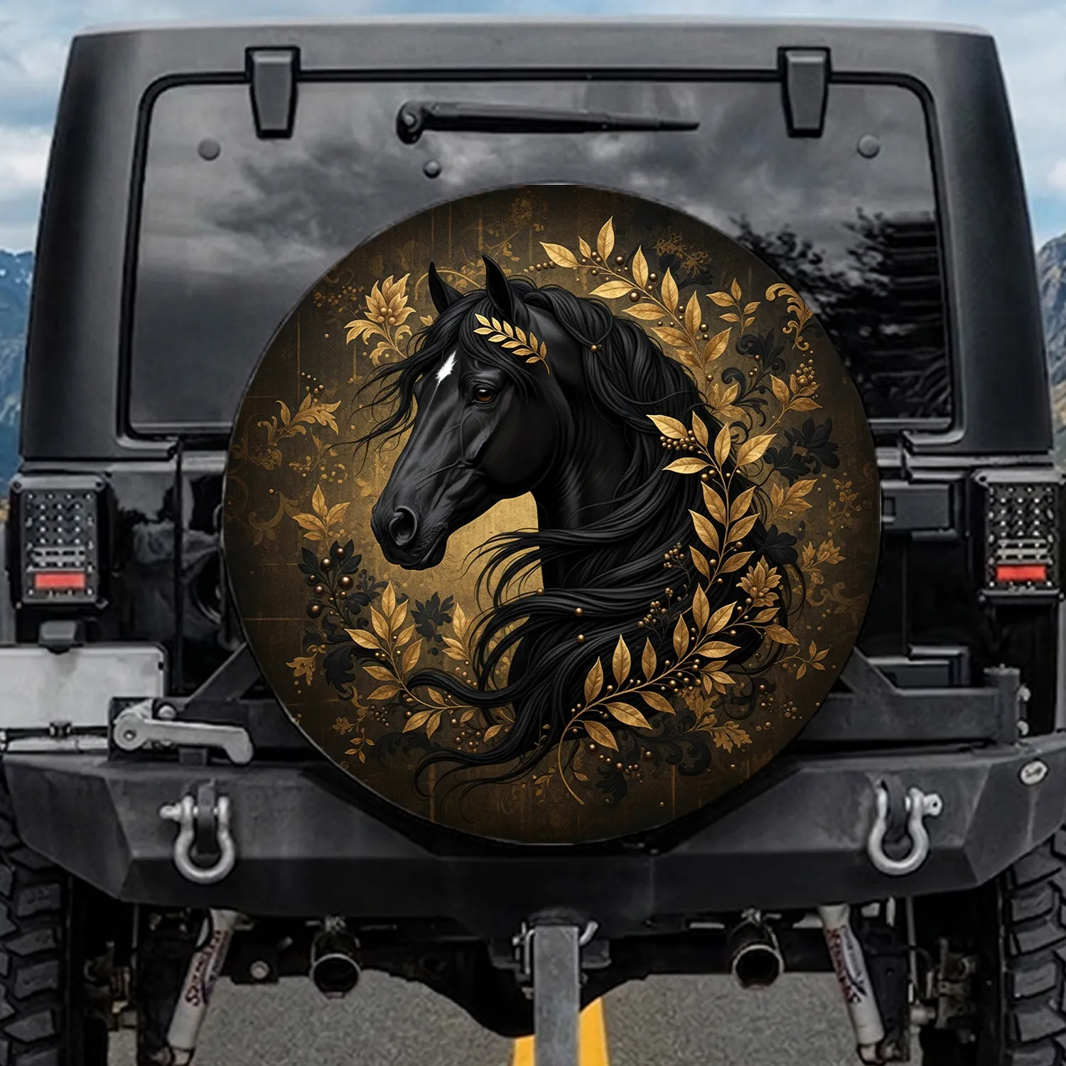Majestic Black Horse Golden Laurel Wreath - Outdoor Equestrian Gift Spare Tire Cover - 1