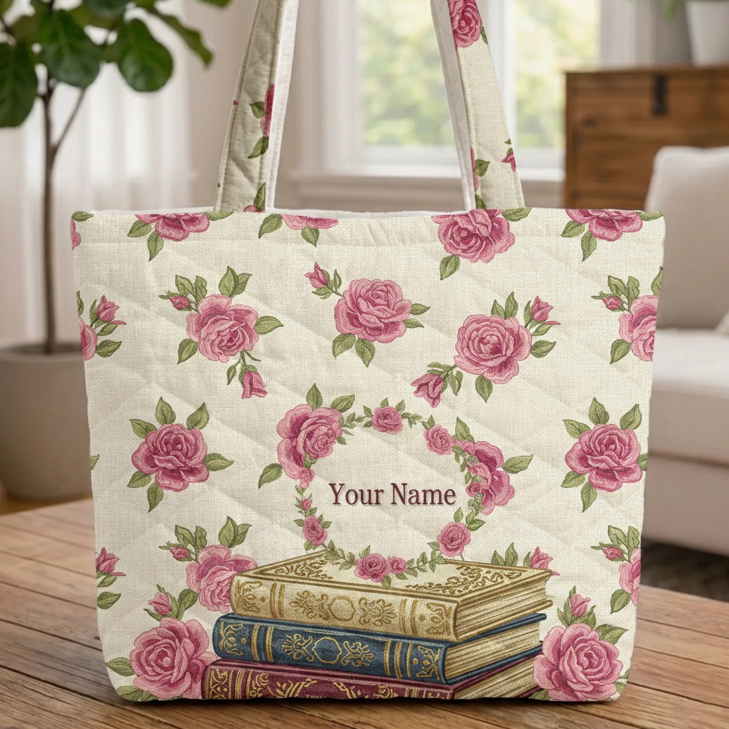 Vintage Books Gold Foil Floral Wreath Spine Patterns - Everyday Carry Gift for Book Lover Quilted Tote Bag - 1