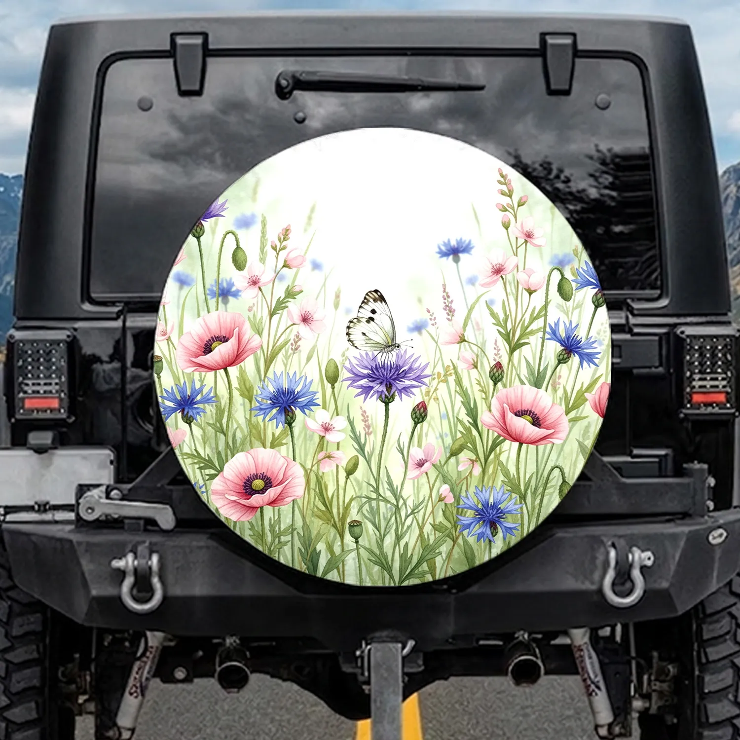 White Butterfly Purple Cornflower Wildflower Meadow Scene - Garden Nature Lover Gift Spare Tire Cover - 1