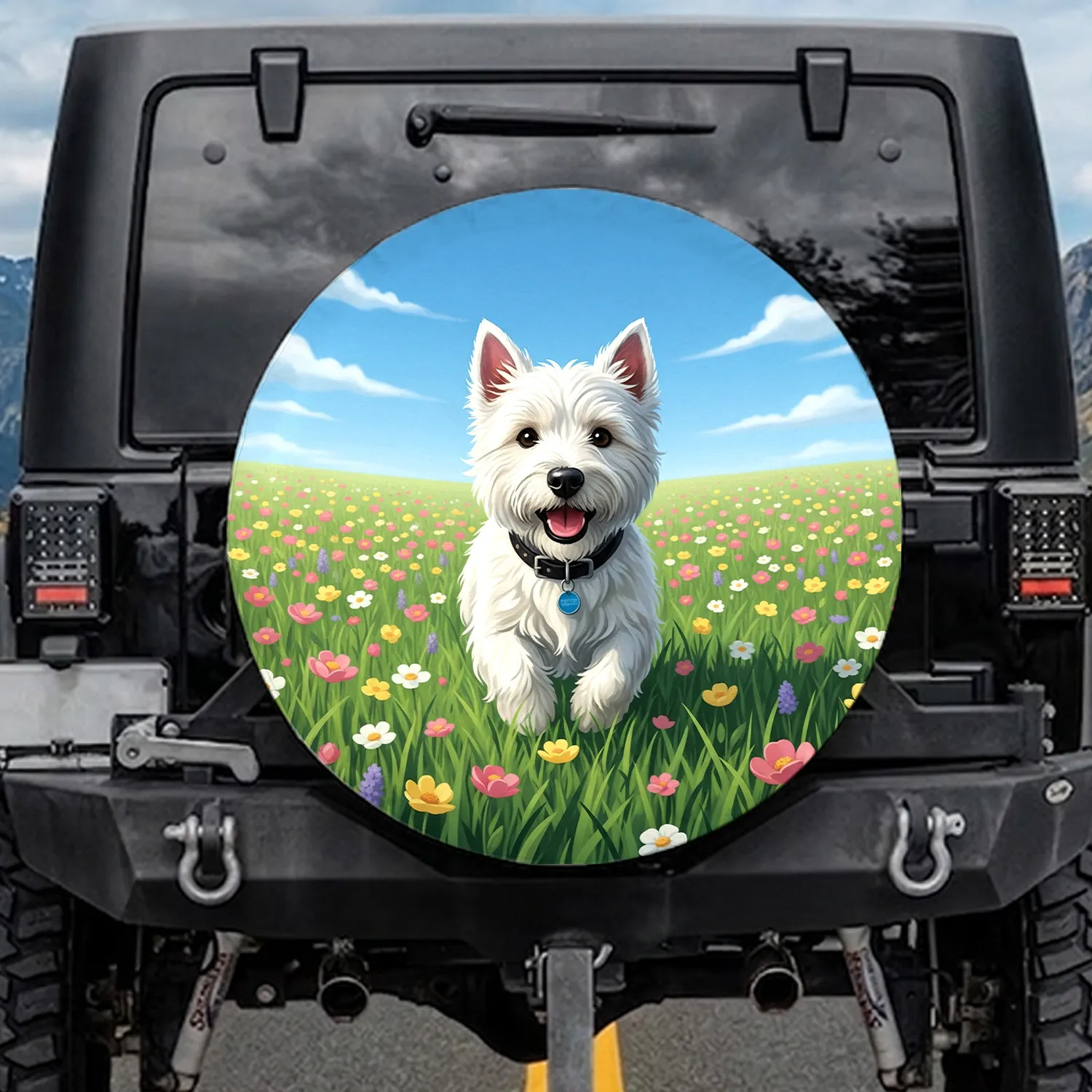 Running White Fluffy Terrier Dog Wildflower Field Blue Sky - Dog Lover Gift Spare Tire Cover - 1