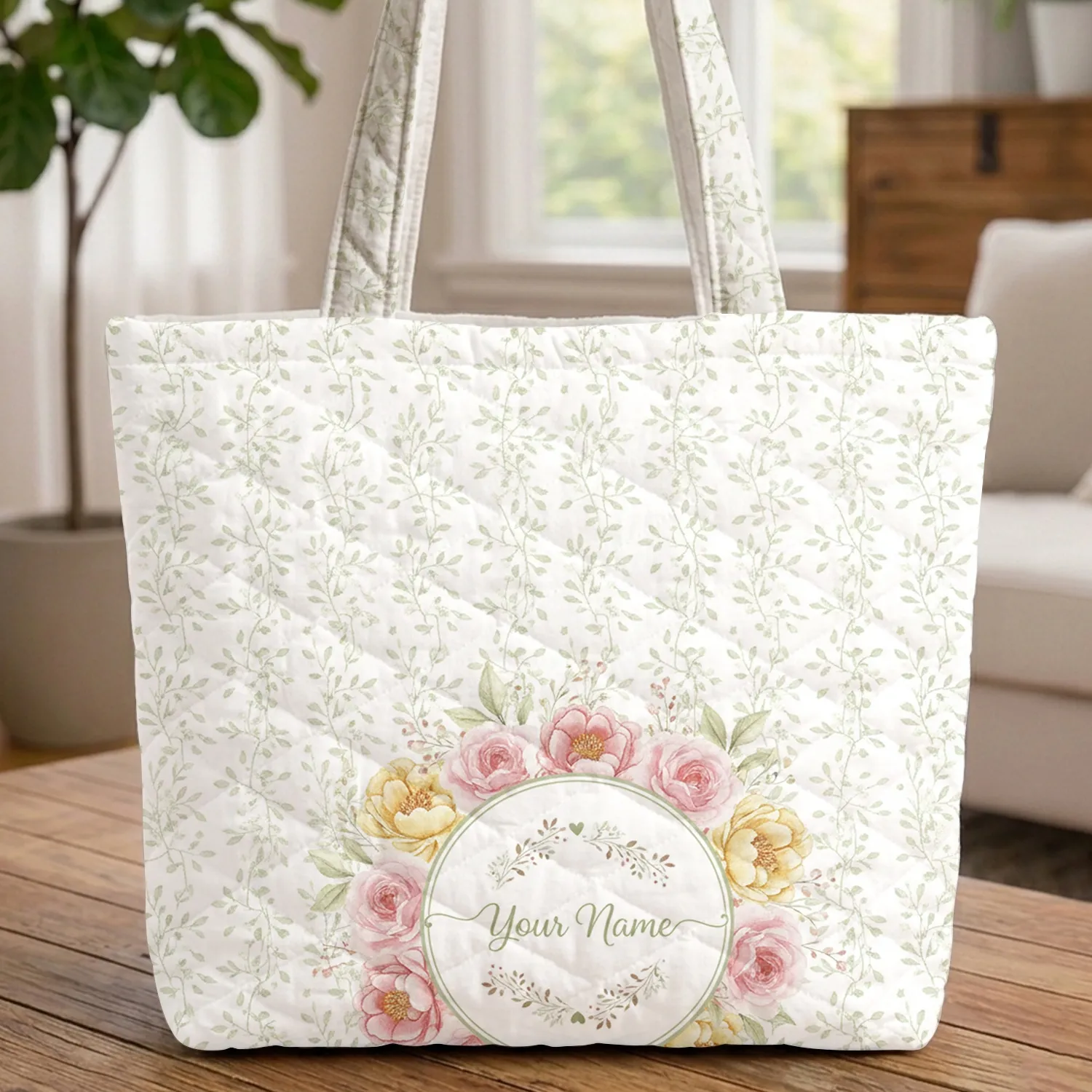 Personalized Name Floral Wreath Roses Peonies Botanical Vines Everyday Carry Gift for Her Quilted Tote Bag - 1