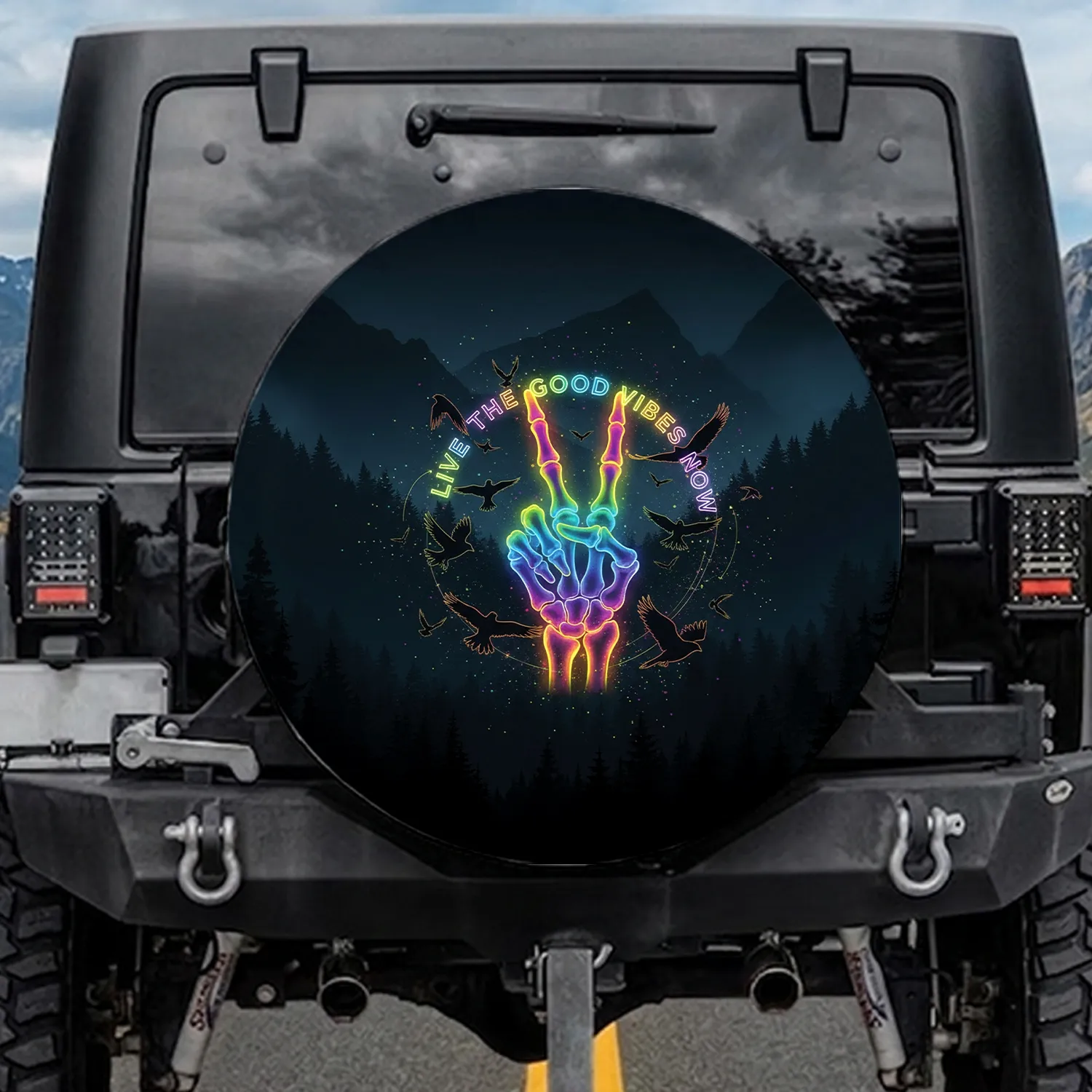 Glowing Skeletal Peace Hand Birds Bats - Road Trip Adventure Decor Spare Tire Cover - 1