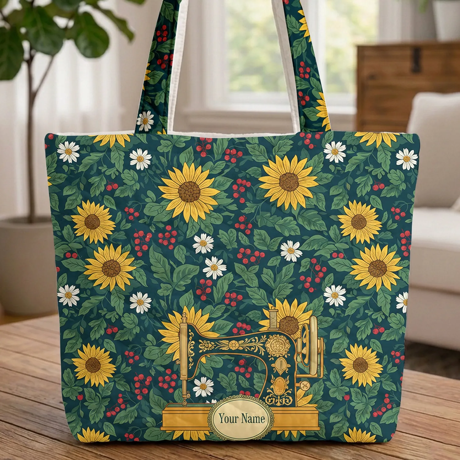Ornate Vintage Sewing Machine Sunflowers Daisies - Daily Essentials Carry Gift Quilted Tote Bag - 1