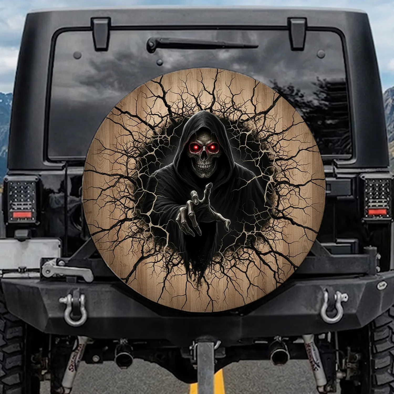 Grim Reaper Skeletal Hand Glowing Red Eyes - Gothic Lifestyle Decor Spare Tire Cover - 1