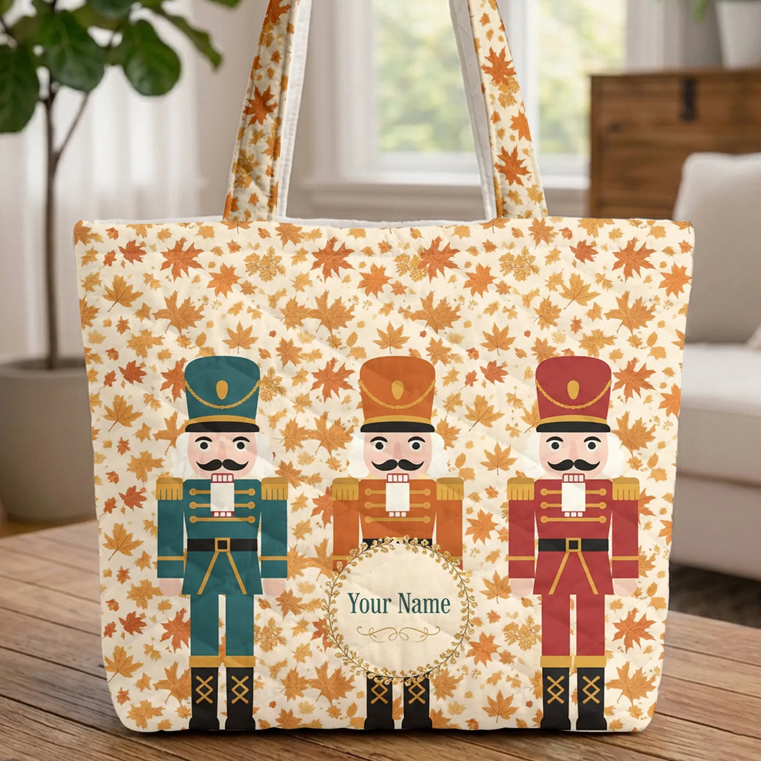 Nutcracker Military Figures Leaf Garland Autumn Leaves Holiday Season Gift Quilted Tote Bag - 1