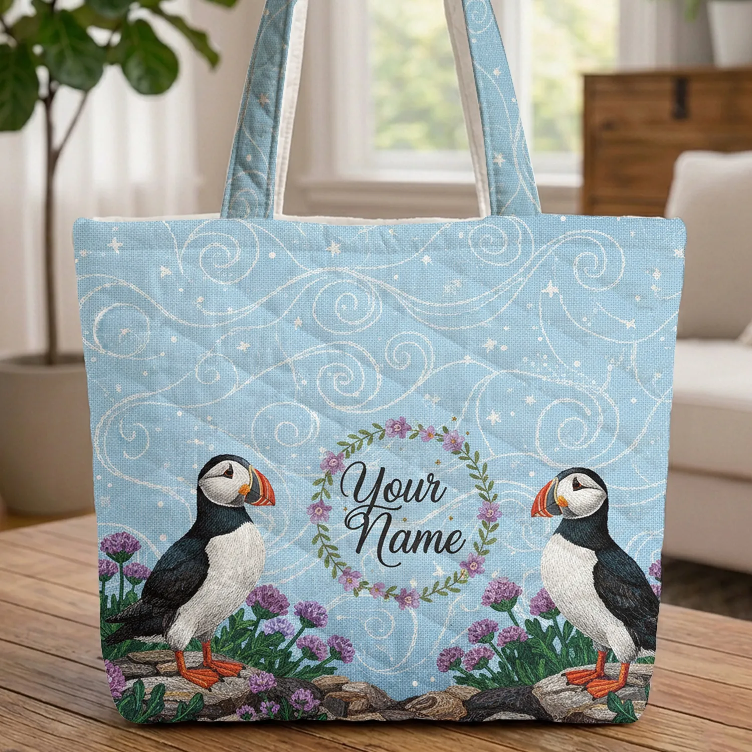 Atlantic Puffins Personalized Name Floral Wreath - Everyday Carry Gift for Wildlife Lovers Quilted Tote Bag - 1