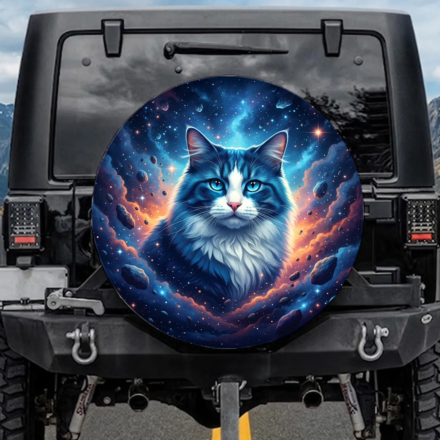 Majestic Blue White Fluffy Cat Swirling Nebula Cosmic Debris Deep Space - Cat Lover Gift Spare Tire Cover - 1