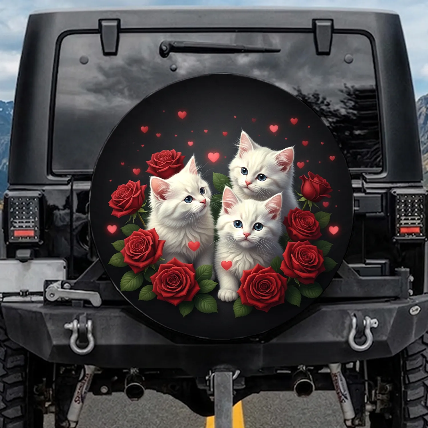 Three Fluffy White Kittens Lush Red Roses Floating Hearts Spare Tire Cover - 1