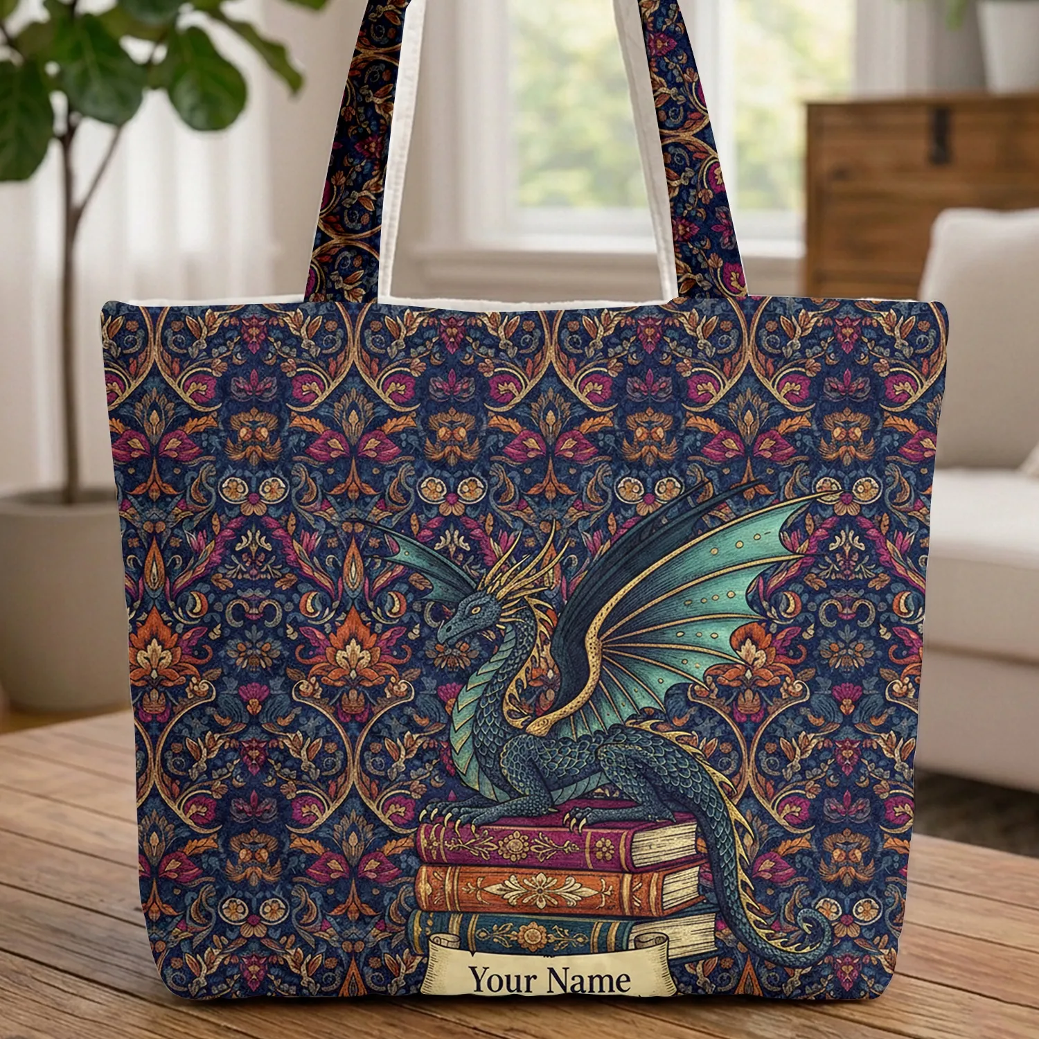 Dragon Ornate Books Your Name Scroll Botanical Florals Everyday Carry Gift Quilted Tote Bag - 1
