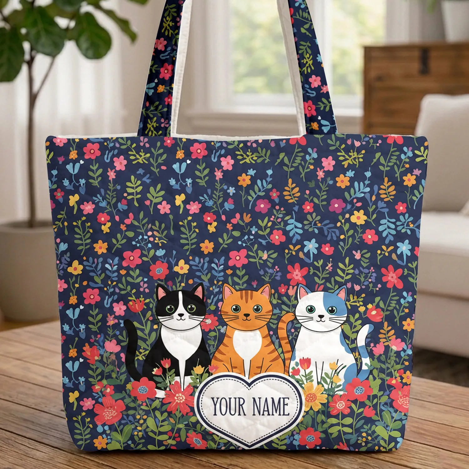 Personalized Cats Floral Heart - Everyday Carry Gift for Cat Lover Quilted Tote Bag - 1