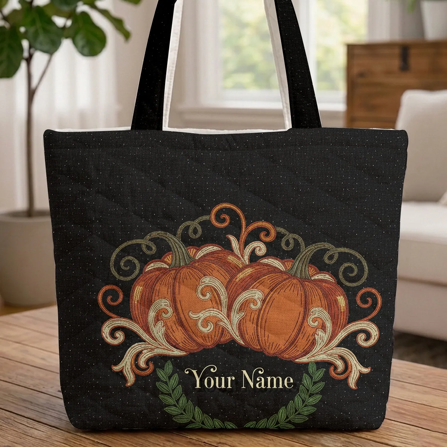 Pumpkins Curling Leaves Foliage Leaf Garland - Everyday Carry Gift Quilted Tote Bag - 1