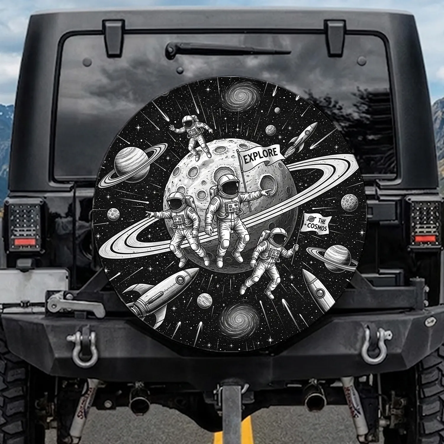 Astronauts Ringed Planet Rocket Ships Shooting Stars - Outer Space Explorer Gift Spare Tire Cover - 1