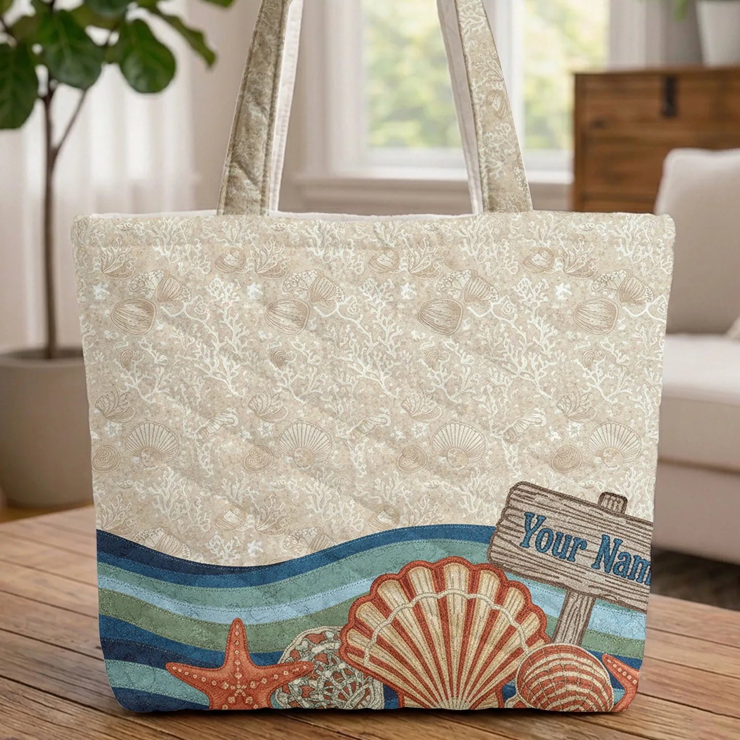 Driftwood Sign Seashell Starfish Ocean Beach - Travel Essentials Quilted Tote Bag - 1
