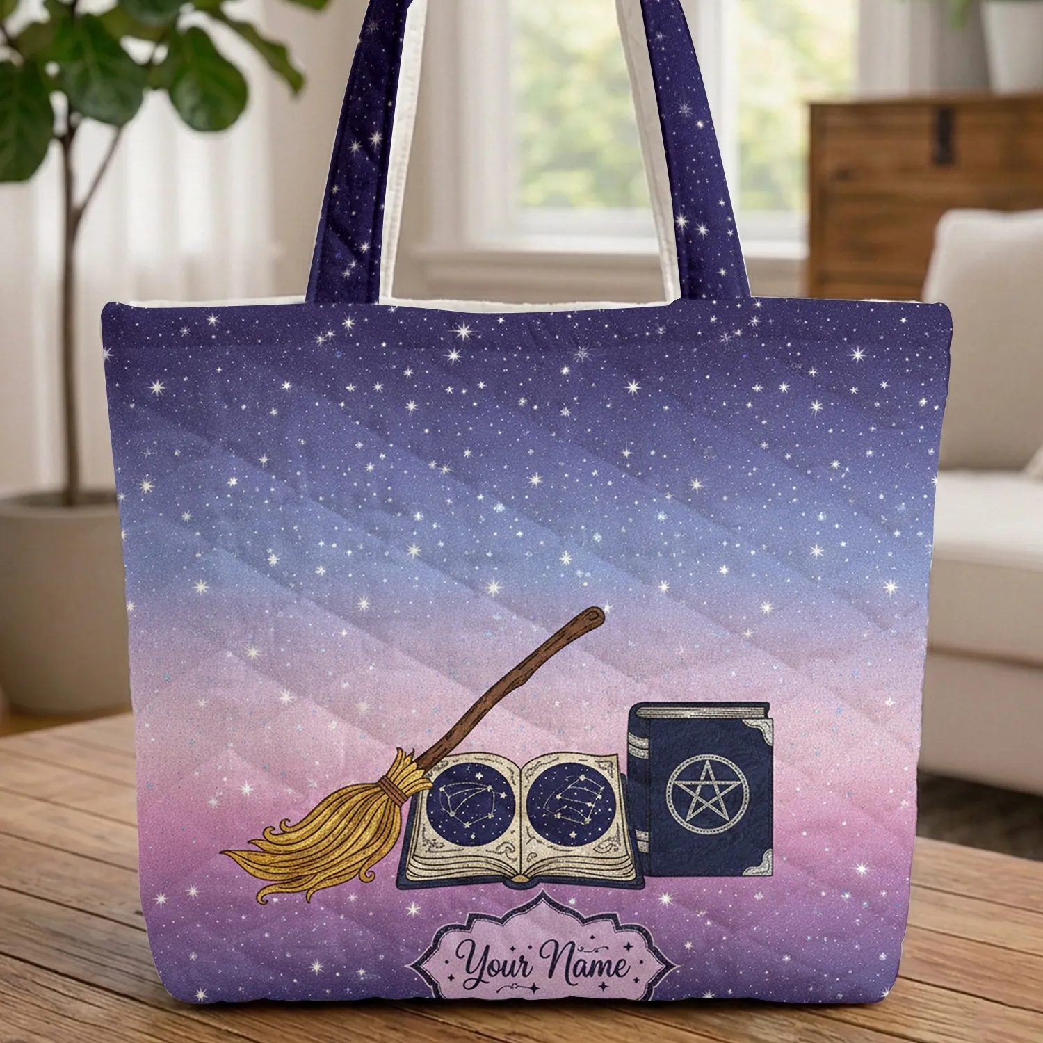Magic Broomstick Spellbook Stars Personalized - Everyday Carry Magic Lover Gift Quilted Tote Bag - 1
