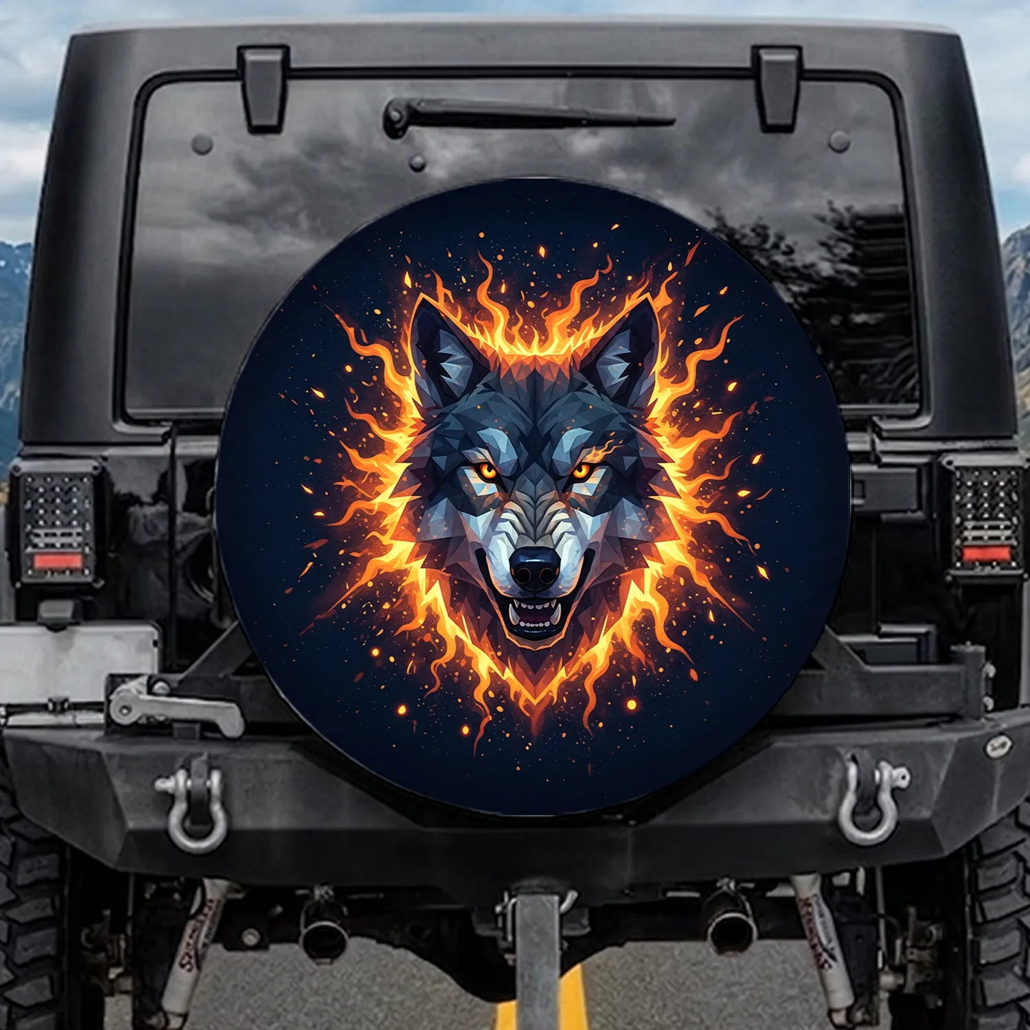 Faceted Wolf Head Orange Eyes Fiery Embers Primary Visual Anchor - Wildlife Lover Gift Spare Tire Cover - 1