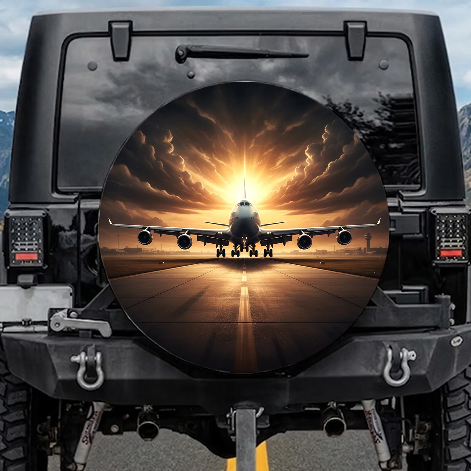 Commercial Airliner Runway Sunset - Aviation Enthusiast Travel Essentials Gift Spare Tire Cover - 1
