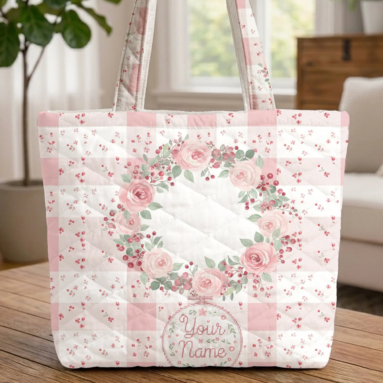 Pink Gingham Wildflower Rose Wreath Cursive Name Frame Everyday Carry Gift Quilted Tote Bag - 1
