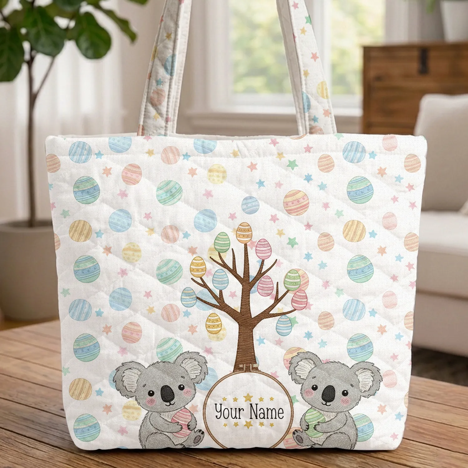 Easter Egg Tree Koala Bear Stars - Easter Holiday Everyday Carry Quilted Tote Bag - 1