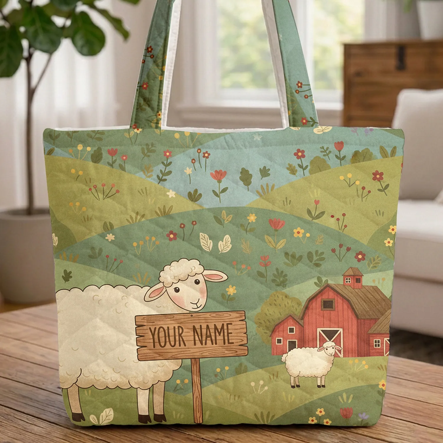 Sheep Rustic Barns Wildflowers Personalized - Everyday Carry Gift for Farm Lover Quilted Tote Bag - 1