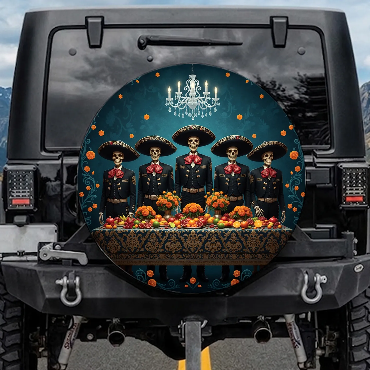 Ornate Skeleton Mariachi Charro Sombreros Marigolds Fruit Scene - Festive Car Decor Gift Spare Tire Cover - 1