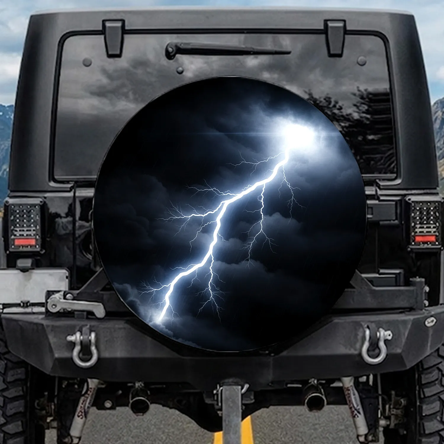 White Lightning Bolt Stormy Clouds - Weather Theme Vehicle Decor Spare Tire Cover - 1