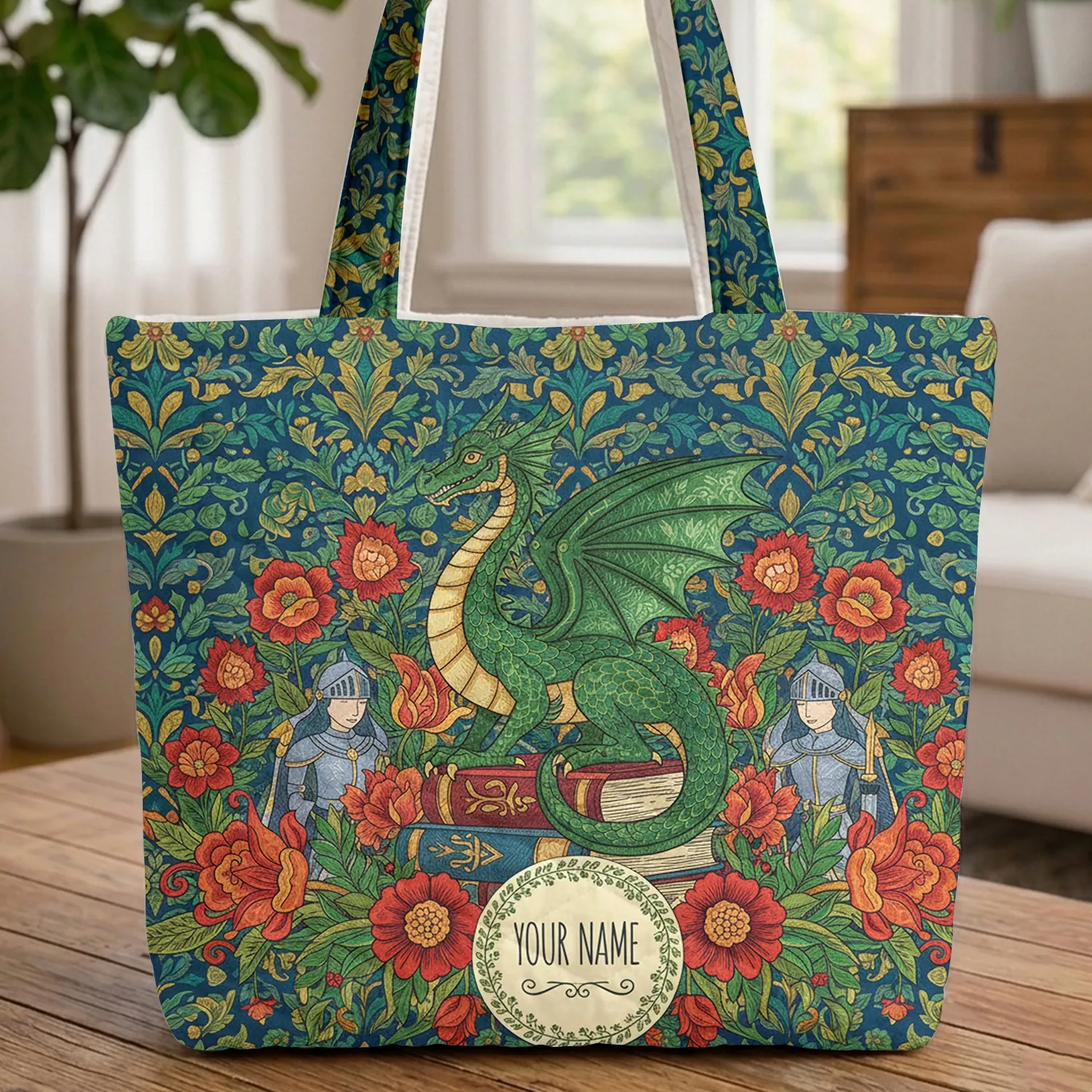 Green Dragon Antique Books Floral Wreath - Personalized Everyday Carry Gift Quilted Tote Bag - 1