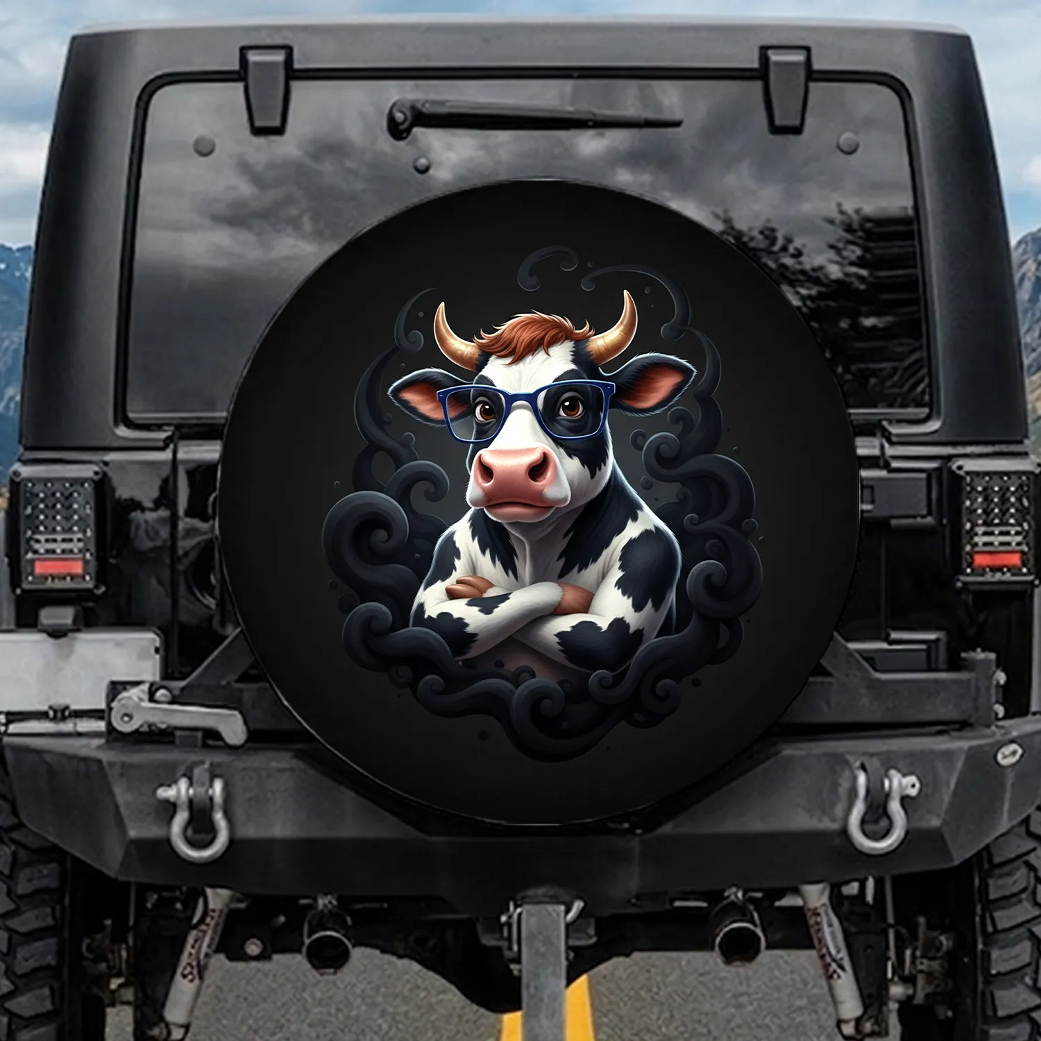 Stylized Holstein Cow Blue Glasses Golden Horns - Cow Lover Gift Spare Tire Cover - 1