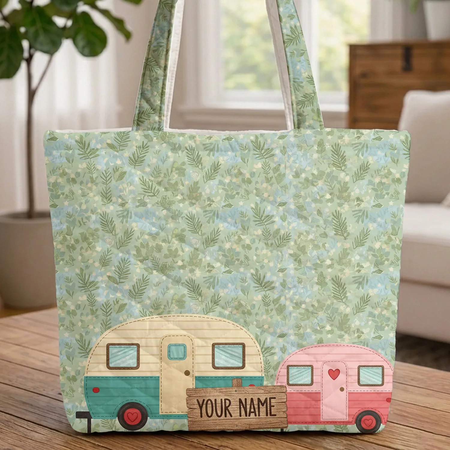 Retro Camping Trailers Pine Needles Stars - Travel Essentials Camper Gift Quilted Tote Bag - 1