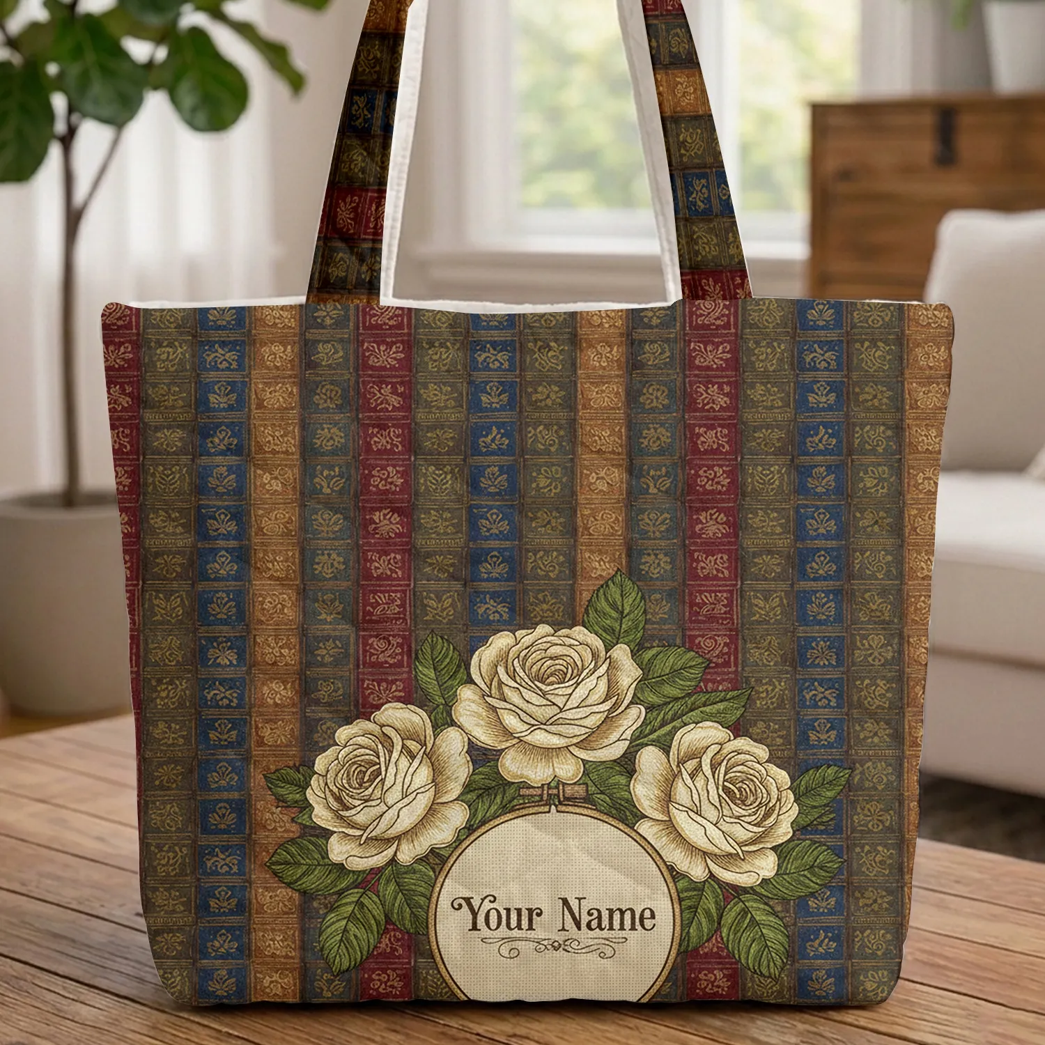 Antique Book Spines Ornate Botanical Roses - Everyday Carry Gift for Book Lover Quilted Tote Bag - 1