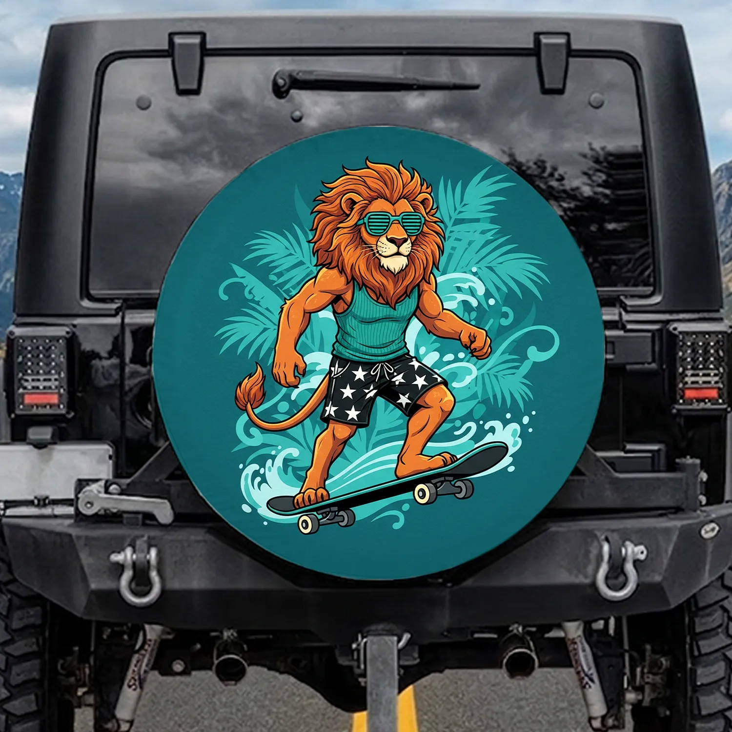 Shutter Shades Lion Skater Tropical Palm - Travel Essentials Outdoor Lifestyle Gift Spare Tire Cover - 1