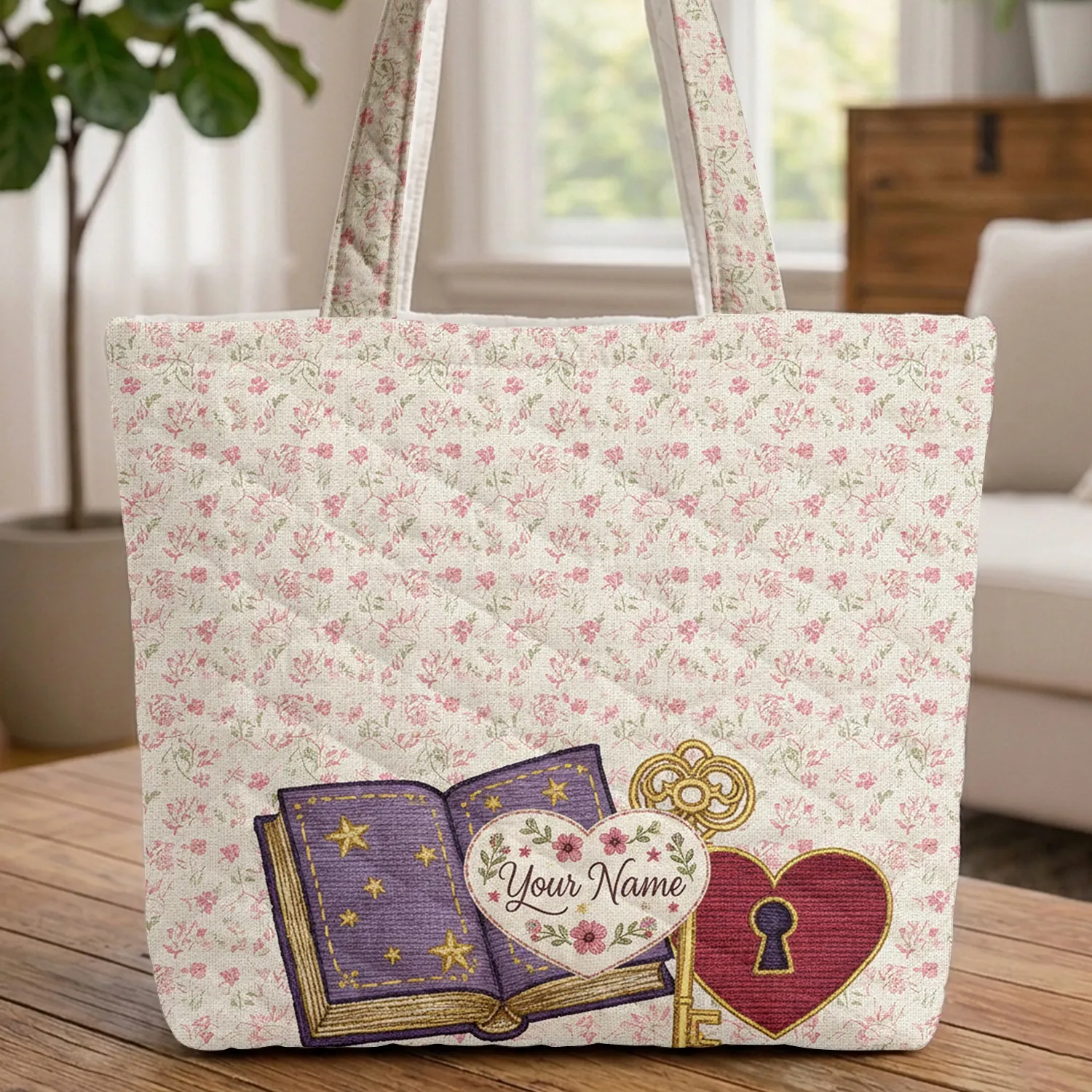Personalized Heart Vintage Key Book Floral - Everyday Carry Gift Quilted Tote Bag - 1