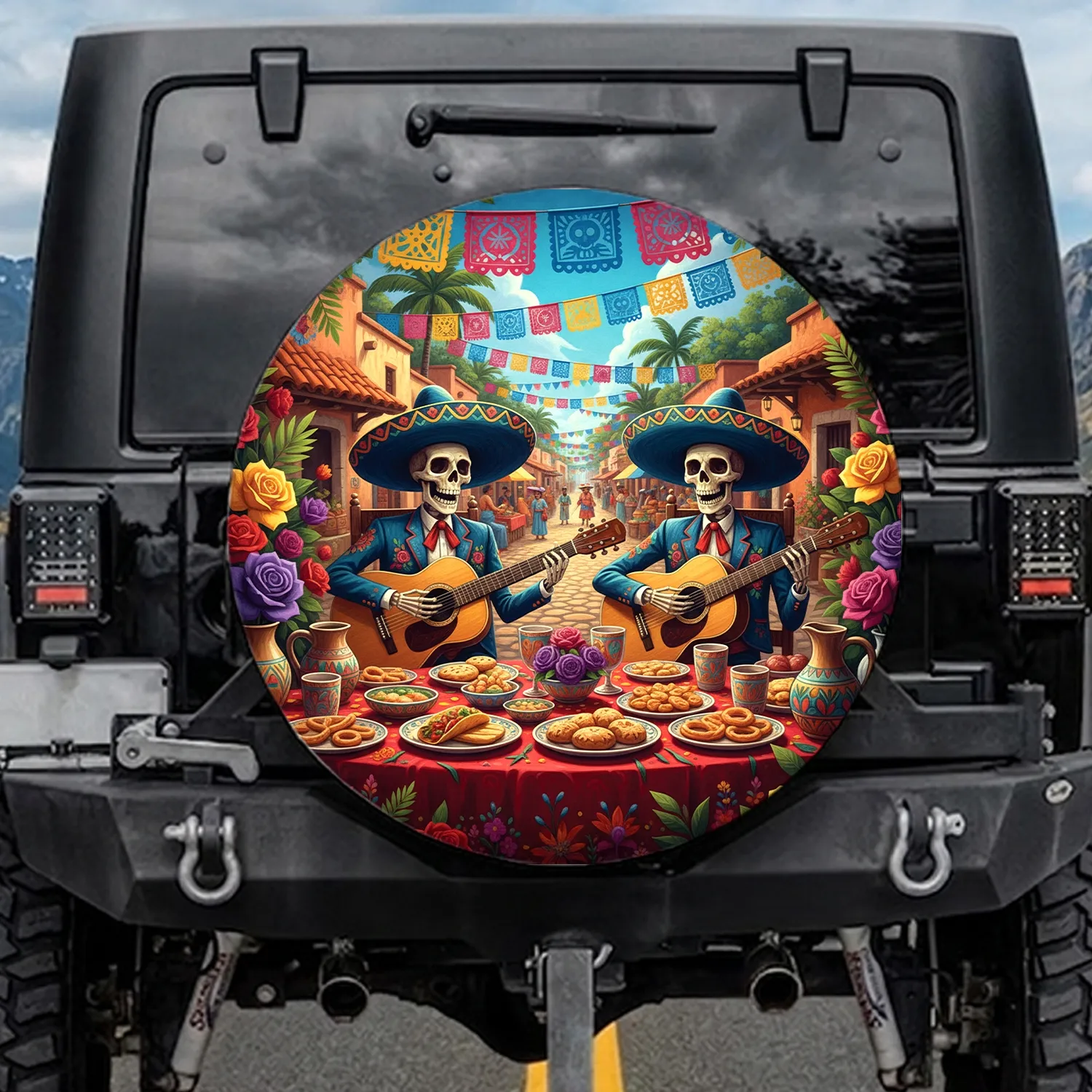Calaveras Guitar Players Mexican Village Dia de los Muertos Celebration Spare Tire Cover - 1